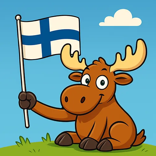 Siniristilippu poron käsissä Poro Suomen lipun kanssa